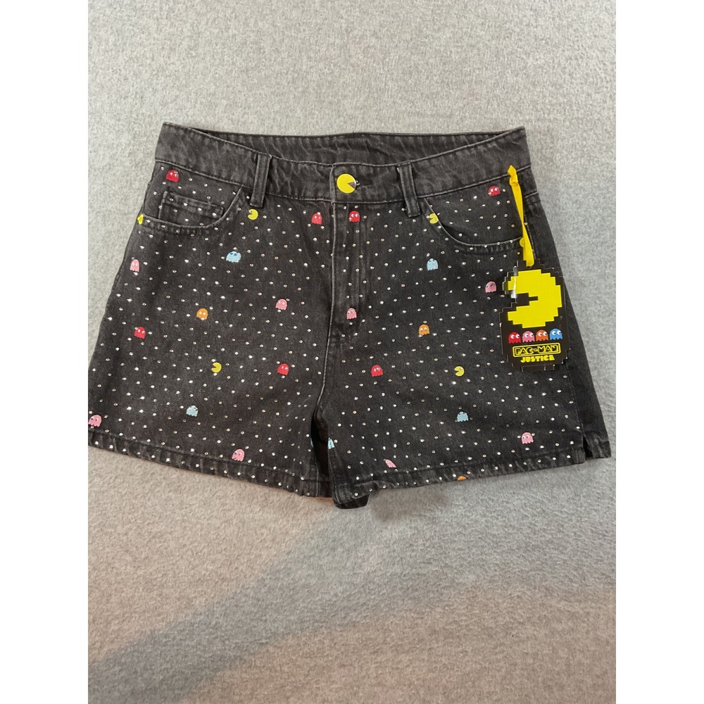 Justice Pac-Man Girls Black Denim Mini Mom Shorts Rhinestone Size 16 NWT 1365